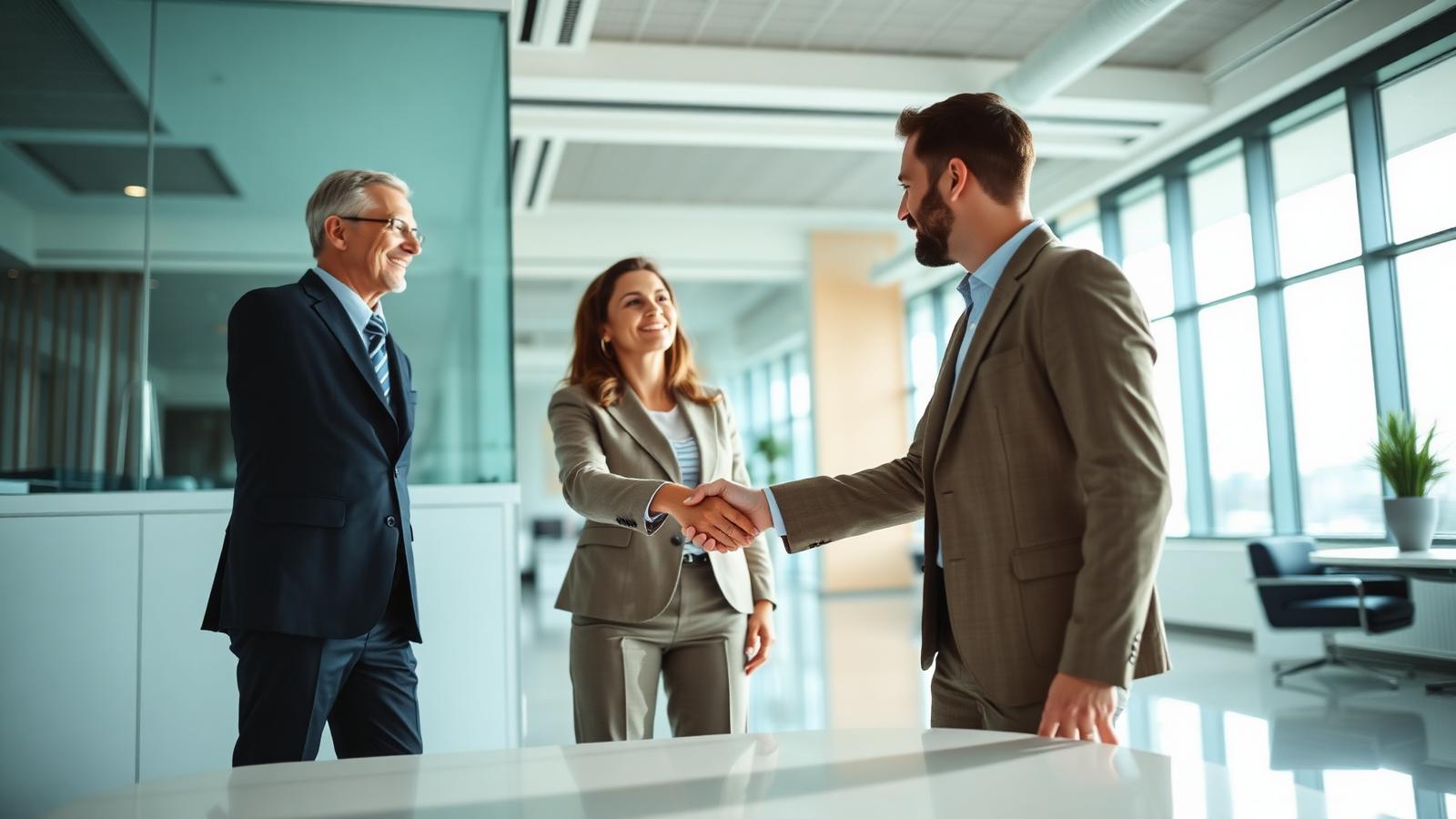 Partnership handshake in a modern office
